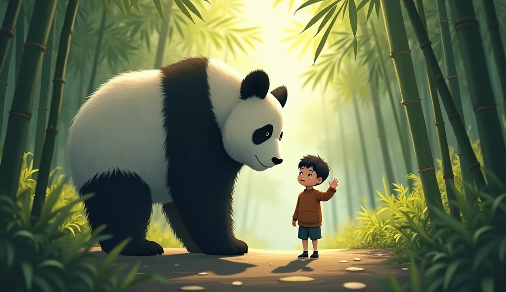 The FarewellThe panda, now larger and stronger, is standing at the edge of the forest, while the boy waves goodbye from a short distance away. The panda looks back one last time before heading into the deeper part of the bamboo forest. The mood is bittersweet, with soft, muted colors capturing the moment of farewell.