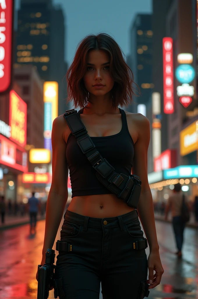 19 Jahre, mittelbraunen Haare, 8k, High Resolution, nacht, new york, geht spazieren, fitgirl, portuguese teenage girl, wearing a black tank top and black pants, the matrix style, tactical shoulder holster, 454 casull revolver, tactical gears, tanned skin