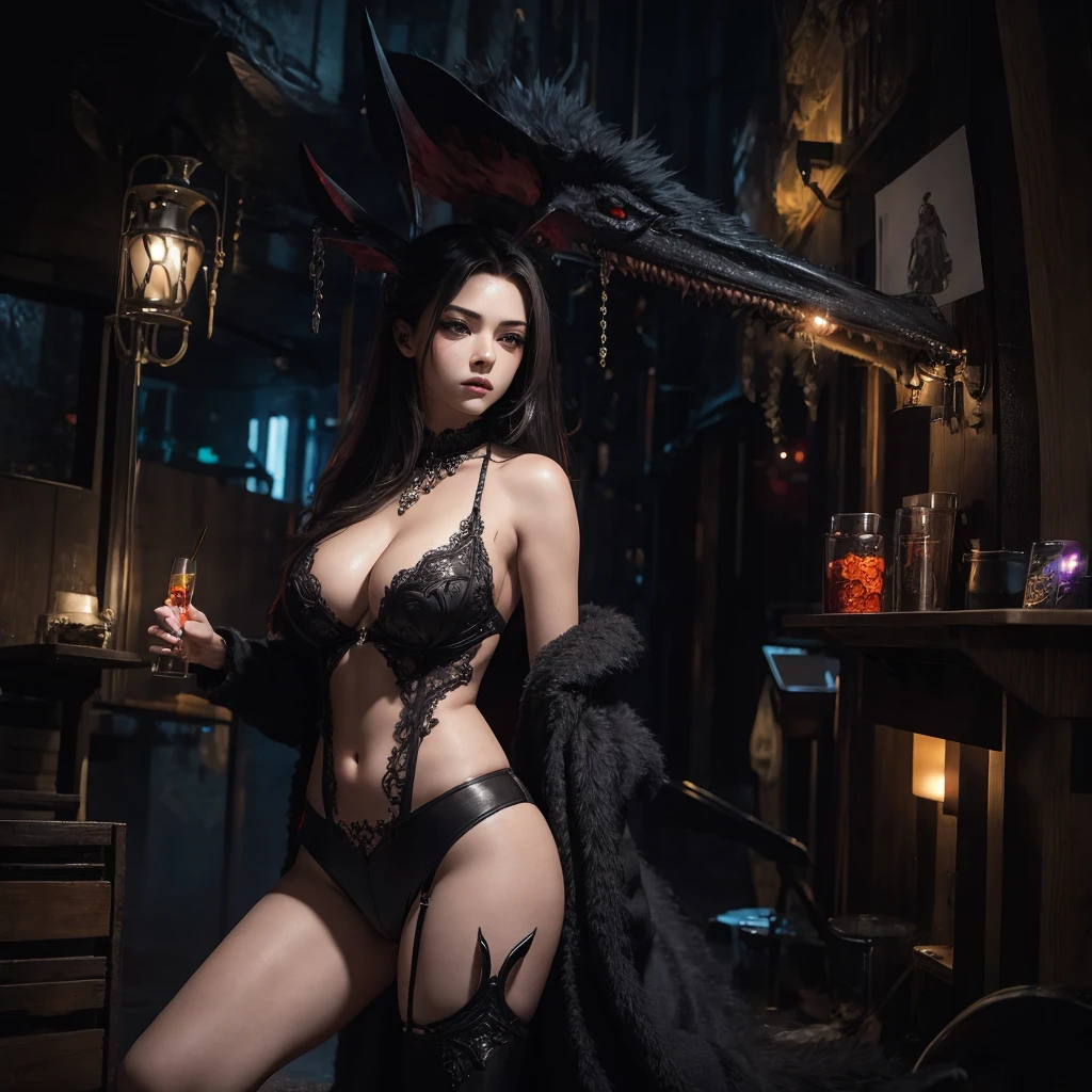 full body photo in the world of art, illustration, cinematic light, fantasy, high resolution, high quality, excellent detail, best quality, masterpiece, (face detail), naked woman, super plump boobs, bright forest plants (oldest underworld fantasy) with neon details, bare shoulders, small sparkling butterfly, hair ornament, (focus on body: 1.25), night, small mutant animal in background, potion on hip, shoulder pads radiating magical energy, Camellia, dark, light reflection