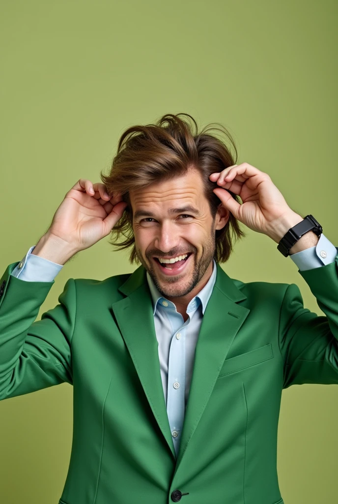 "A happy man, with lots of straight and very short hair, is wearing a green suit. He is playing with his hair with one hand, and with the other he is showing a hair product the image shows his entire body. A white man