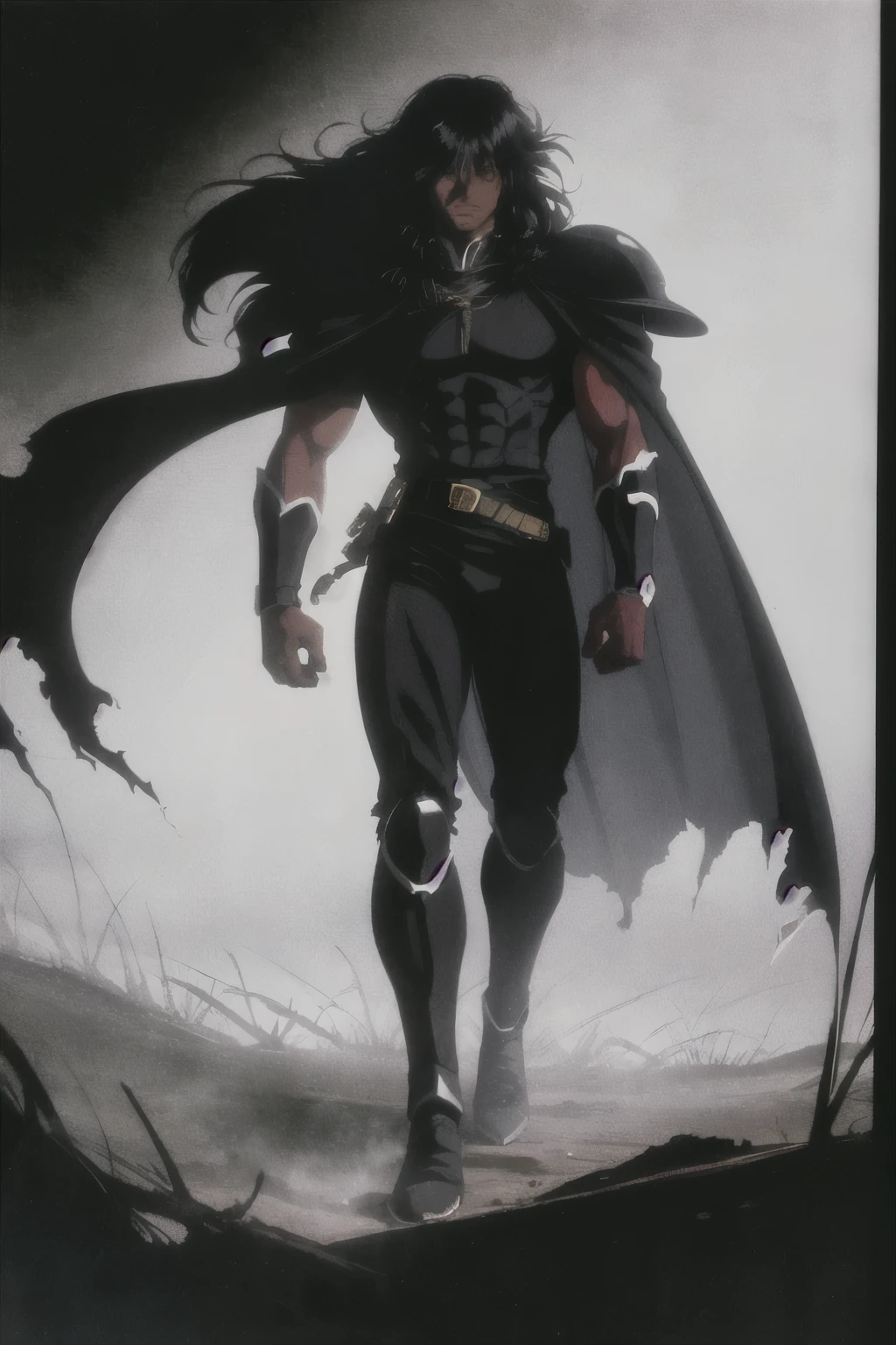 1 Dark-skinned man with yellow eyes, black long hair wearing black armor with black bearskins on his shoulders and a torn cape, walking in a shadowy forest with a red sword in his hand 1980s \(style\), full body, (Highest quality,Ultra-high resolution)