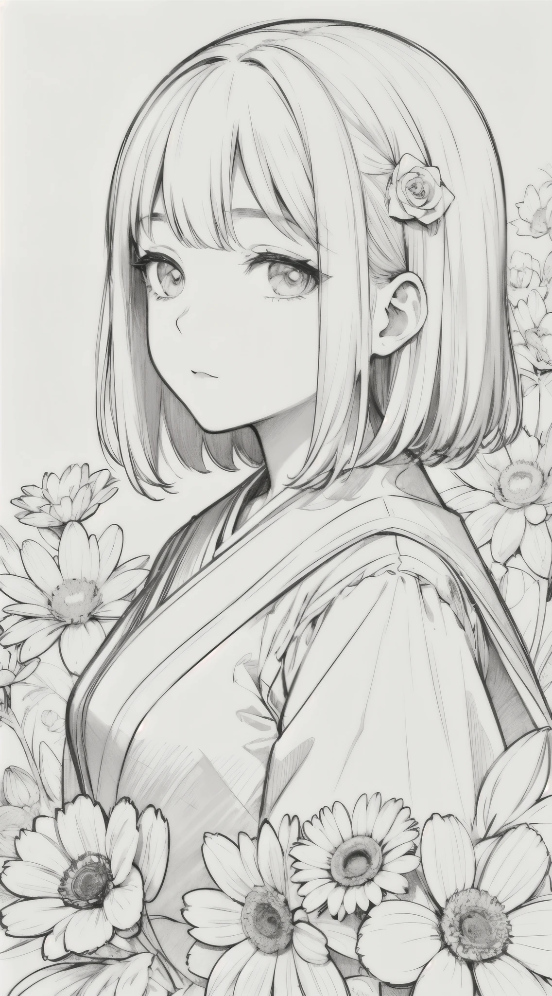 masterpiece, acura, doll, solo, hanfu, short hair,close-up, flower line drawing background, white background, monochrome, line drawing, ((sketch))
