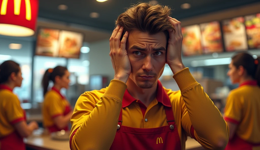 A young man, wrinkled, stressed out, with hands on head pulling hair, working at macdonalds, people working around you, all in red and yellow uniforms, Cinematic realistic illustration