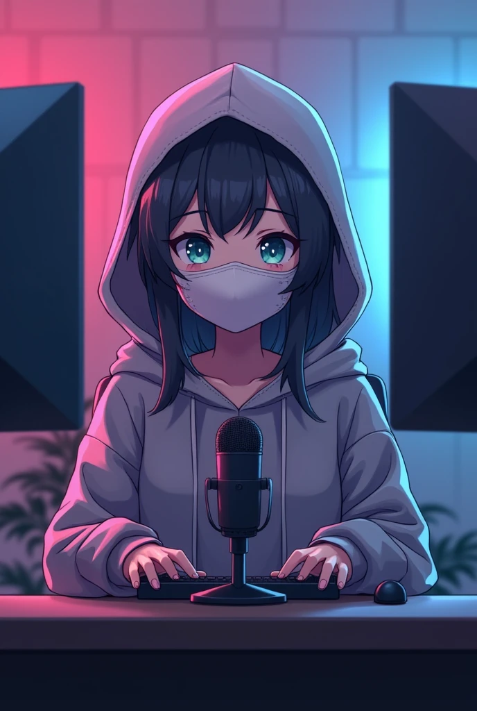 front facing anime female avatar wearing a face mask and hoodie staring at the screen, sitting straight on a chair and desk infront with a digital studio background and microphone infront. wide angle. the character should face the camera. so we should see the face directly