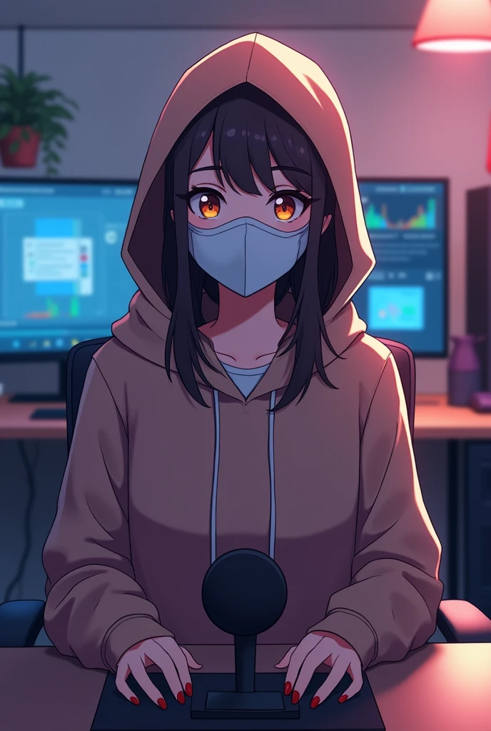 front facing anime female avatar wearing a face mask and hoodie staring at the screen, sitting straight on a chair and desk infront with a digital studio background and microphone infront. wide angle. the character should face the camera. so we should see the face directly