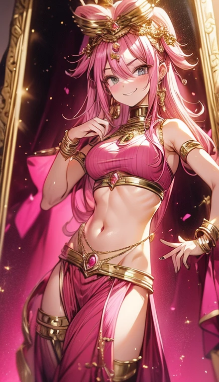 A smug narcissistic pink haired goddess wearing a pink bra and golden pants and lots of jewelry flaunting herself