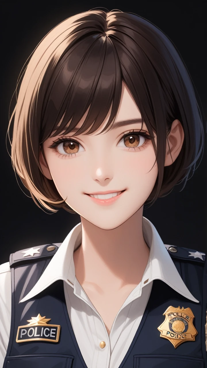 High quality image; black background; portrait; woman with brown shoulder-length hair, brown eyes; western face; age: 20 years old; gentle smile; black white clothes and police vest.