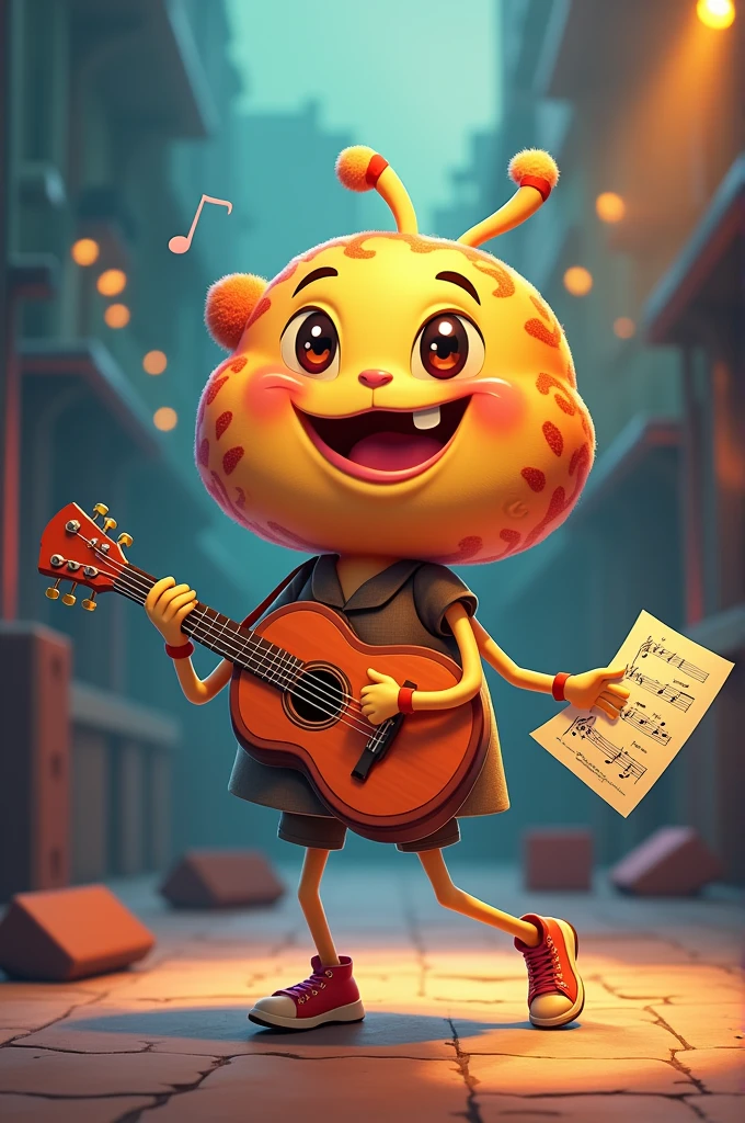 Here&#39;s an idea for a mascot 

**Appearance:** 
- **head:** The string head is like that of a stylized guitar, with tuners and a warm smile.
- **cos:** The body is like a guitar, with the soundboard serving as its "가슴", and the strings are yours "waist belt".
- **arms and legs:** Long and agile like violin strings, allowing him to move fluidly and play different instruments.
- **Accessories:** He carries a magical sheet of music that adapts to the instrument he is playing and can change color according to the rhythm..

