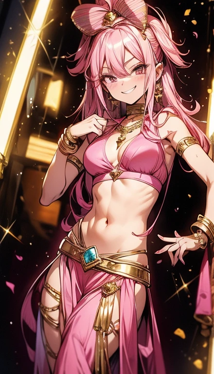A smug narcissistic pink haired goddess wearing a pink bra and golden pants and lots of jewelry flaunting herself