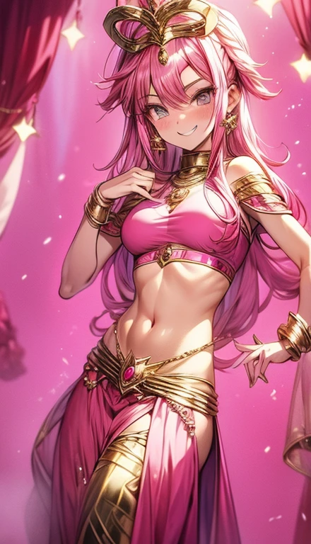 A smug narcissistic pink haired goddess wearing a pink bra and golden pants and lots of jewelry flaunting herself