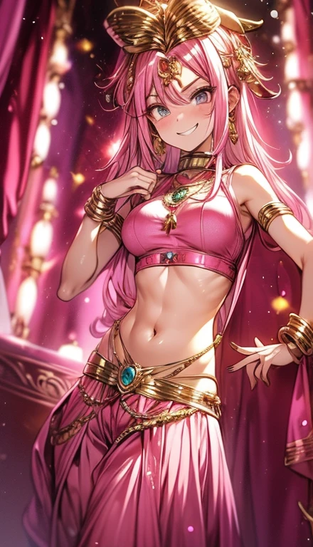 A smug narcissistic pink haired goddess wearing a pink bra and golden pants and lots of jewelry flaunting herself