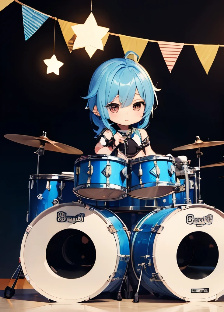 (((Metal Band)))、Drumming hard、Blue-haired chibi character、スティックを持って激しくドラムを叩いてるBlue-haired chibi character、Visual kei costumes、A beautiful depiction using tens of thousands of colors、masterpiece、Ultra HD、super high quality、8k、(((ドラムを叩くBlue-haired chibi character)))、delicate and cute patterned bass drum、Delicate drums、Delicate Cymbals