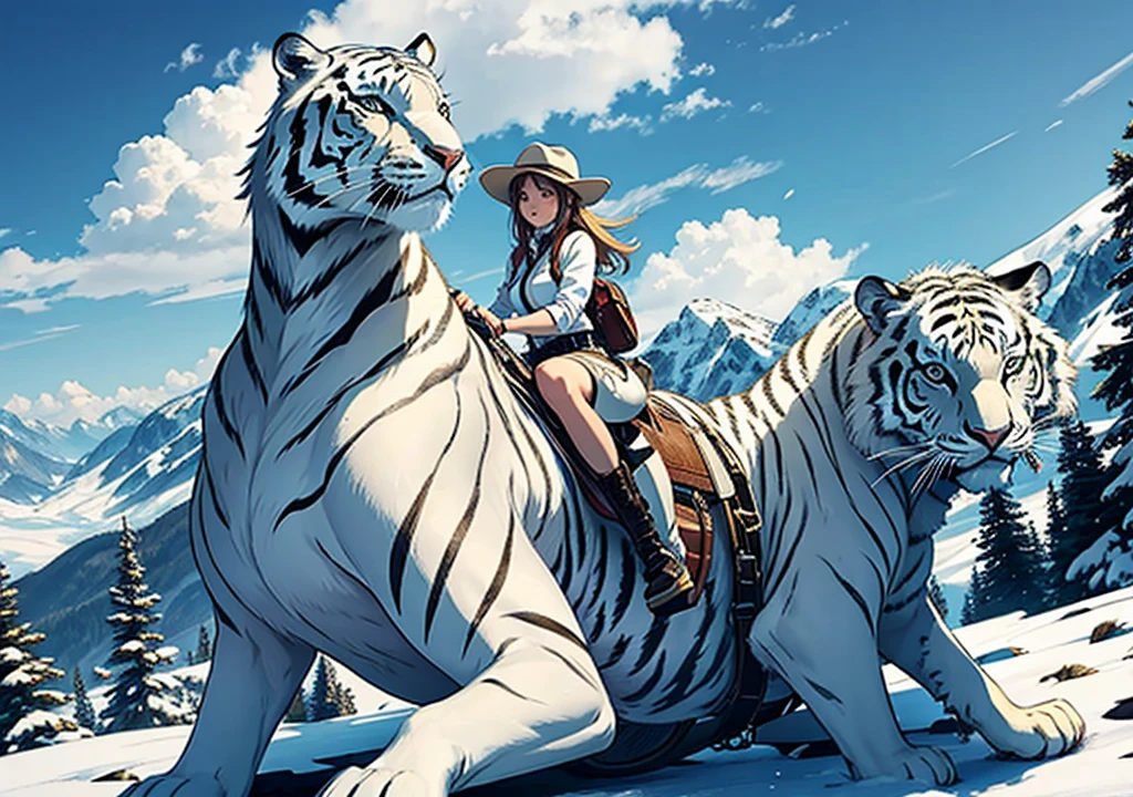 big white tiger wearing a saddle in the mountain, being ridden by mam