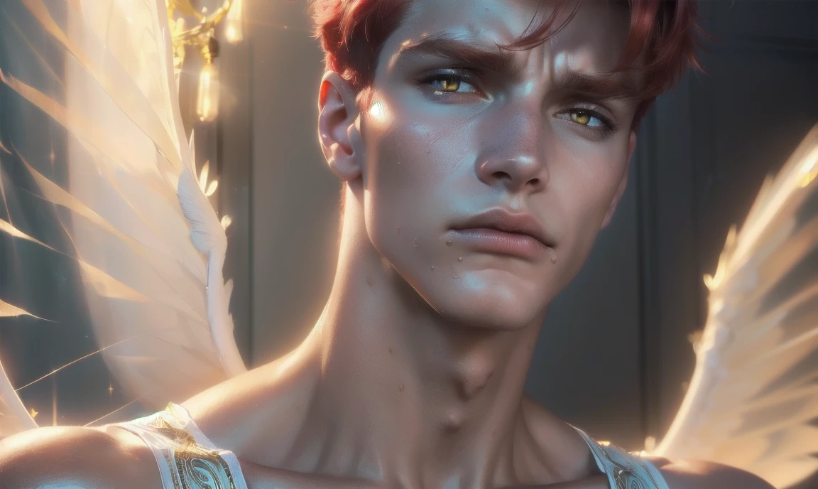 [((highly detailed, detailed eyes, detailed face, clear and realistic facial features, photorealistic, realistic light, cinematic, looking at you)), (1 man), (((((Gorgeous perfect sexy powerful masculine male angel with see-thru wings))))), (((his invisible phantom wings are just hinted at))), ((((short sexy red hair)))), ((((pale yellow eyes)))), ((30 year old)), ((wearing flattering gold and white clothes)), (((aura of divine power))), standing in a cozy apartment at nighttime, ((light blush)), (((((wearing an annoyed expression)))))]