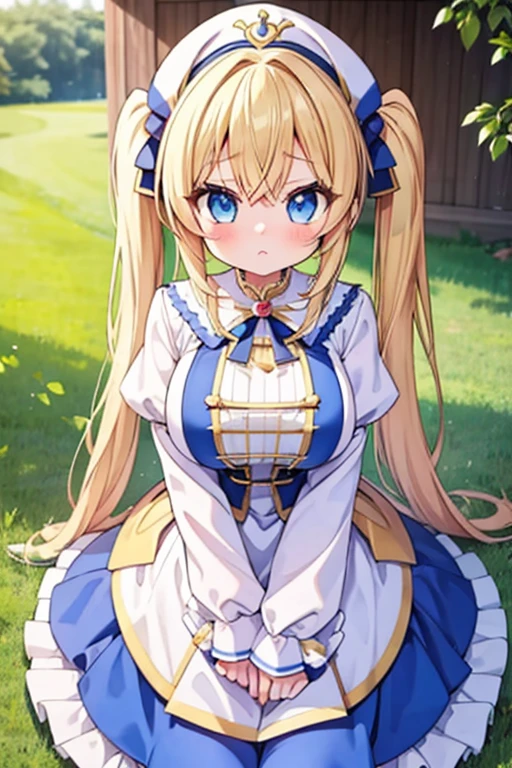 Blonde with blue eyes、Lolita、Large Breasts、Twin tails、Girl Brat,Large Breasts,Cute eyes,Puffy eyes,１Animal Pomeranian,Priestess Costume,