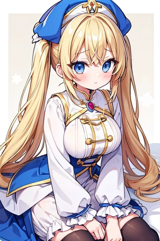 Blonde with blue eyes、****ta、Large Breasts、Twin tails、Girl Brat,Large Breasts,Cute eyes,Puffy eyes,１Animal Pomeranian,Priestess Costume,