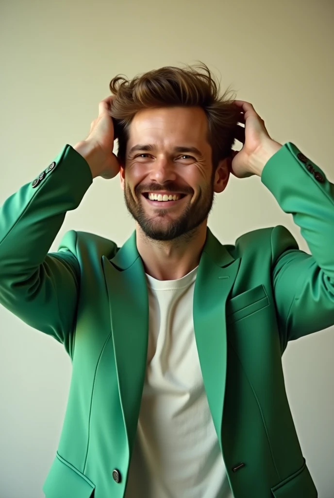 "A happy man, with lots of straight and very short hair, is wearing a green suit. He is playing with his hair with one hand, and with the other he is showing a hair product the image shows his entire body. A white man