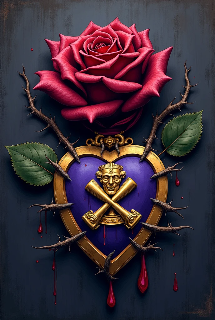 purple heart crossed out with an X with rose thorns and bleeding