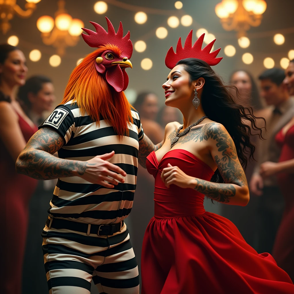 realistic image of a rooster with red orange and black feathers, in black and white striped prison clothes, with tattoos, dancing at the party with a hen dressed in red