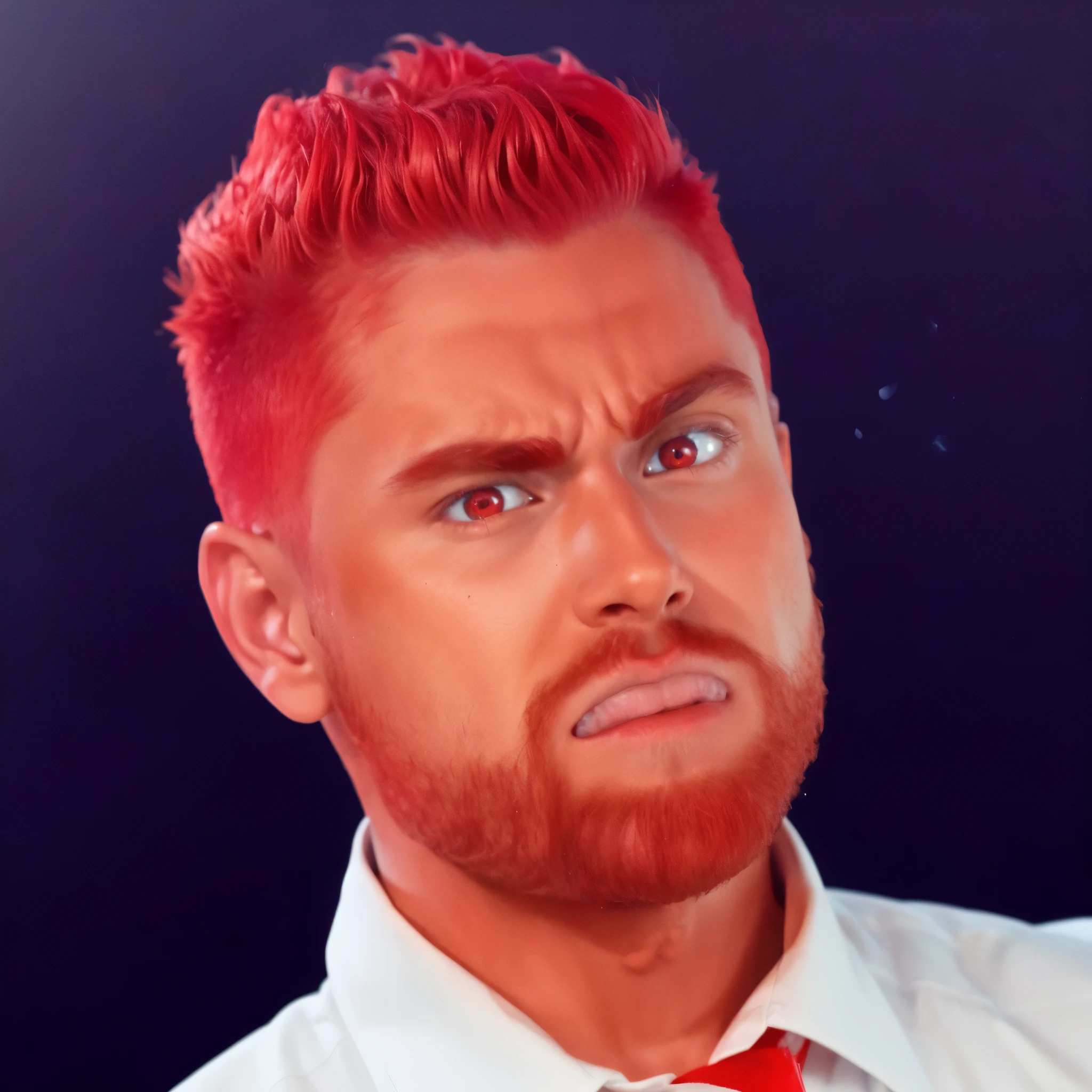 handsome young man in white shirt, there is a boy with red hair, muscle face, absolute chad, volumed hairstyle, cute male with high volume red haircut, masterpiece retouch, angry face, anger emotion, anger, healthy saturated skintone, intricate hair details, raytracing render, cycles, plastic material, glossy, masterpiece render, unreal engine, 8k render, best quality, 4k,realistic, vivid colors, dark blue background