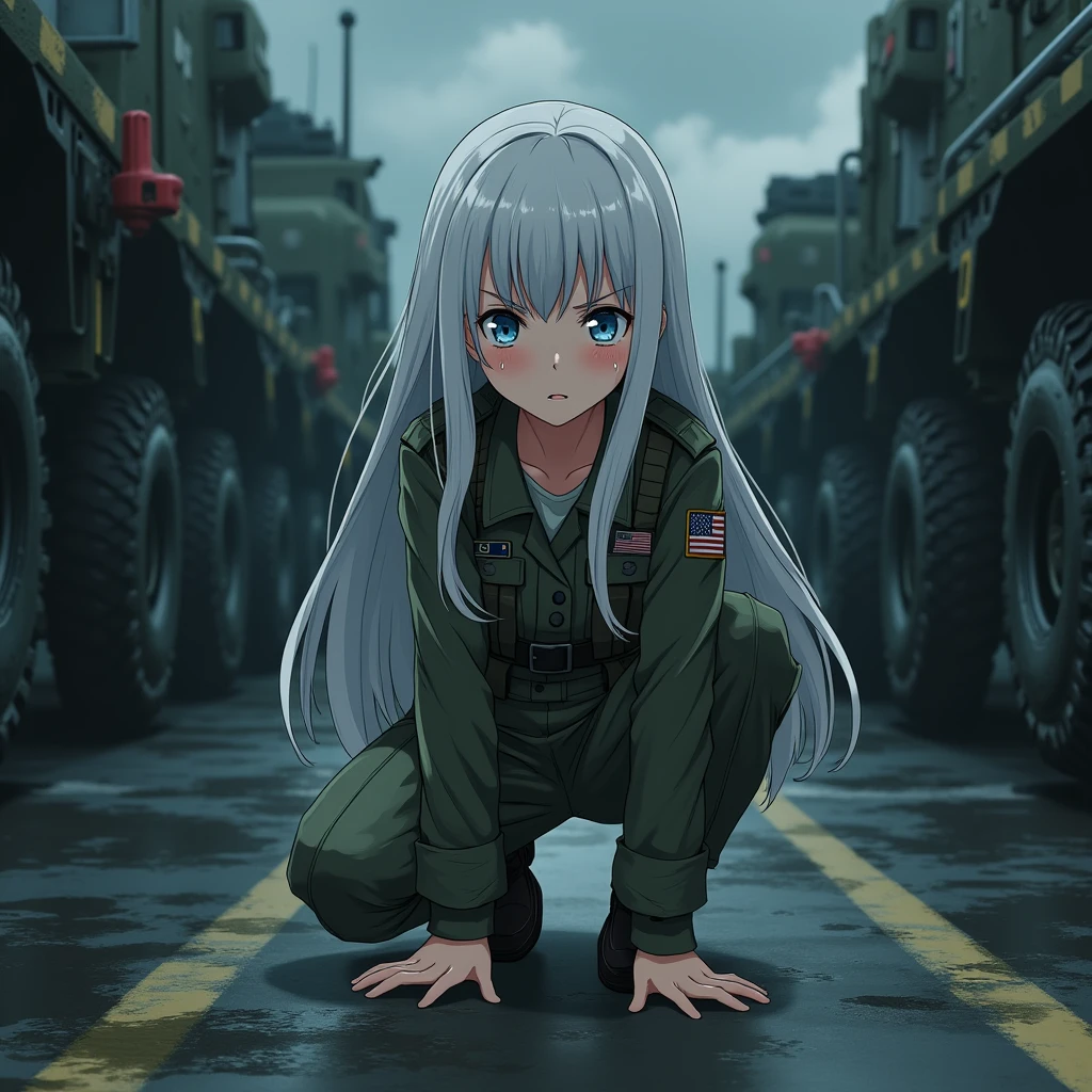 Girl, long white hair, blue eyes, US military outfit, no bulletproof vest, in heavy armor, no helmet, scratched up, no gun, scared, tears, hiding in parking lot, anime