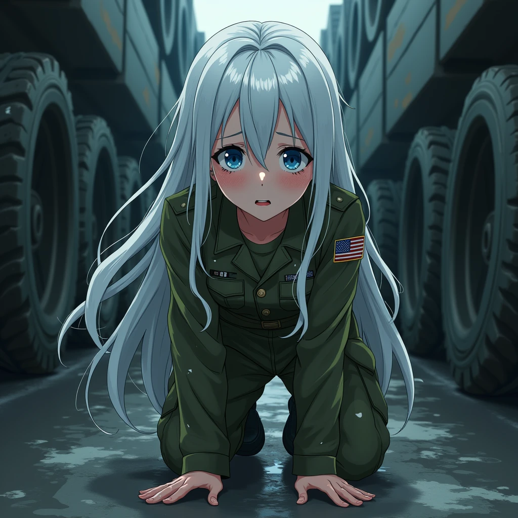 Girl, long white hair, blue eyes, US military outfit, no bulletproof vest, in heavy armor, no helmet, scratched up, no gun, scared, tears, hiding in parking lot, anime