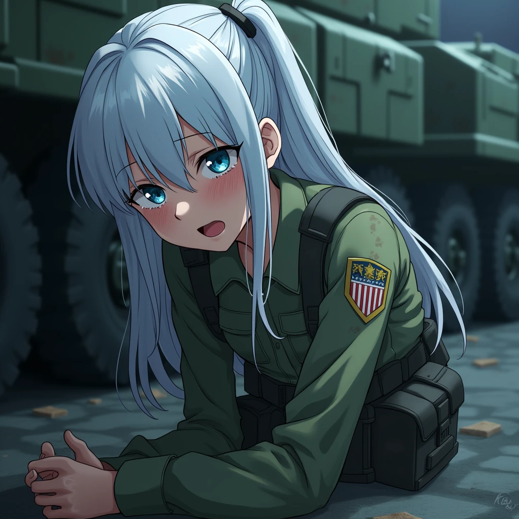 Girl, long white hair, blue eyes, US military outfit, no bulletproof vest, in heavy armor, no helmet, scratched up, no gun, scared, tears, hiding in parking lot, anime