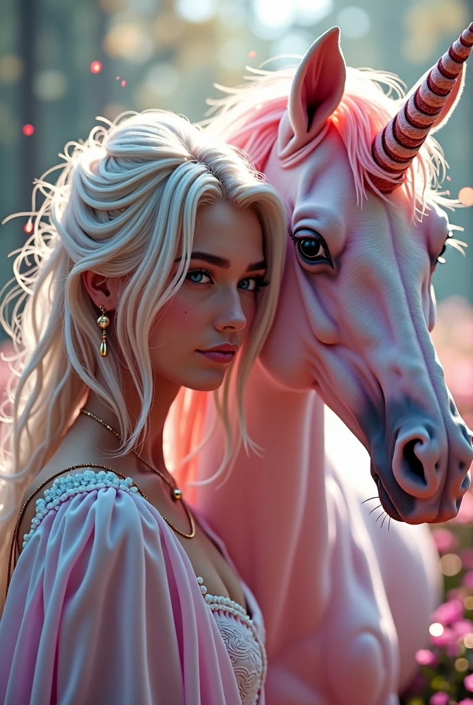 Hyperrealism cinematic film still, 8K, highly detailed and cinema realistic. In an enchanting, magical garden, a breathtakingly beautiful albino woman with striking blue eyes and delicate freckles on her face stands next to a majestic pink unicorn full shots. The air shimmers with glitter and gossamer threads, while soft fairy lights cast a gentle glow. The scene is adorned with an abundance of glitter and sparkles, creating a surreal and captivating ambiance. Everything feels otherworldly, magical, and dreamlike