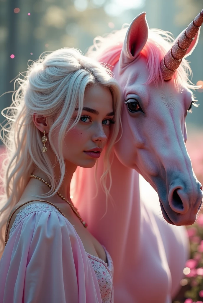 Hyperrealism cinematic film still, 8K, highly detailed and cinema realistic. In an enchanting, magical garden, a breathtakingly beautiful albino woman with striking blue eyes and delicate freckles on her face stands next to a majestic pink unicorn full shots. The air shimmers with glitter and gossamer threads, while soft fairy lights cast a gentle glow. The scene is adorned with an abundance of glitter and sparkles, creating a surreal and captivating ambiance. Everything feels otherworldly, magical, and dreamlike