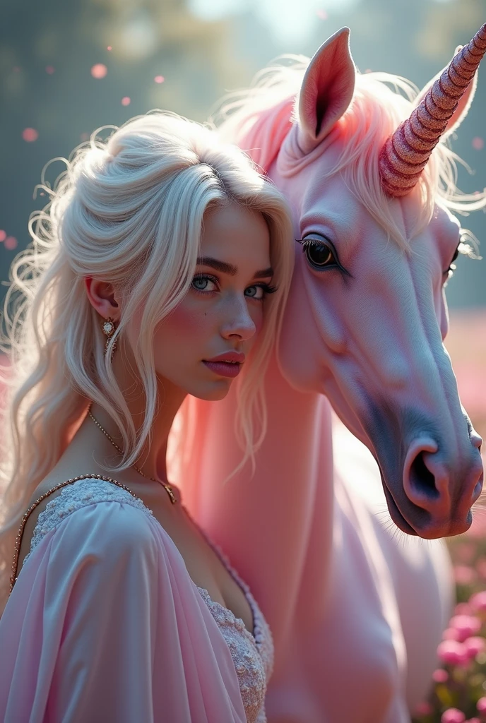 Hyperrealism cinematic film still, 8K, highly detailed and cinema realistic. In an enchanting, magical garden, a breathtakingly beautiful albino woman with striking blue eyes and delicate freckles on her face stands next to a majestic pink unicorn full shots. The air shimmers with glitter and gossamer threads, while soft fairy lights cast a gentle glow. The scene is adorned with an abundance of glitter and sparkles, creating a surreal and captivating ambiance. Everything feels otherworldly, magical, and dreamlike