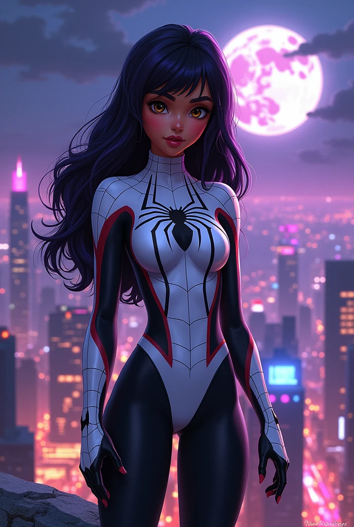 A Brazilian girl with dark brown skin color similar to the sunset, long black hair with purple highlights on the side and half of the hair bangs, a fringe covering half of the forehead, dark brown eyes shining in the night sky of a brightly lit city, body with pronounced curves, and big ass, thin face with big cheeks and a sweet and cute look, wearing the Spider-Man costume *Gwen stacy* completely white with black details, with web patterns covering the entire suit and a spider symbol on the chest, and a white mask with a web pattern covering his entire mouth, hanging from the top of a building looking for bandits to stop, standing next to a cloud-covered full moon.
