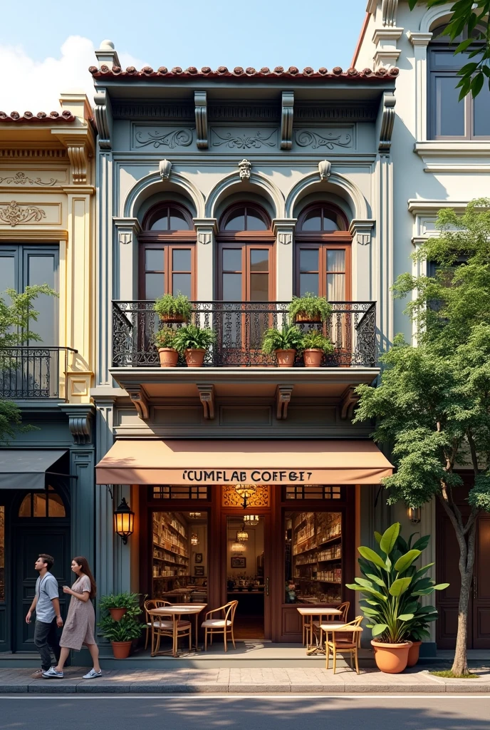 Make me a picture of a three-story shophouse with the front view and the front second floor as a coffee shop balcony.