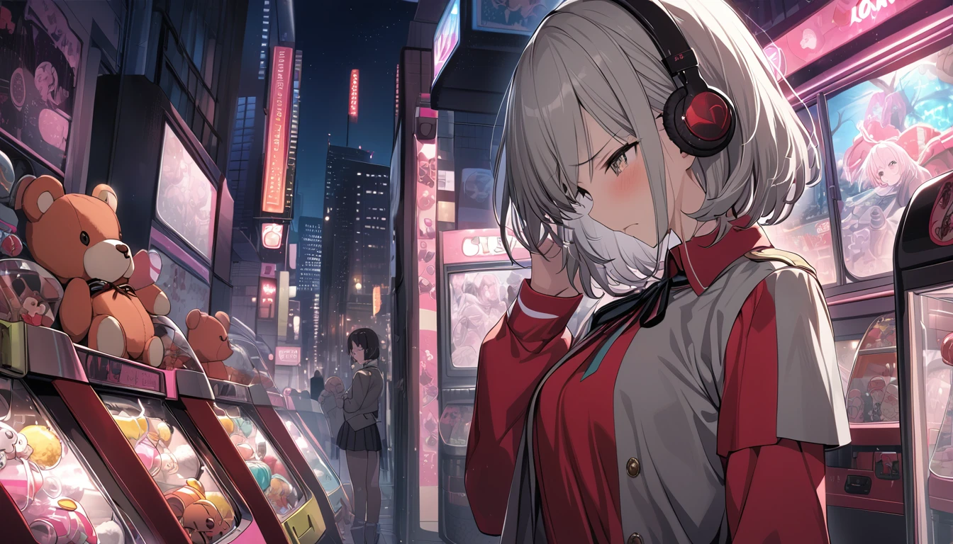 (best quality), ((masterpiece)), (highres), illustration, original, extremely detailed, 1girl, game cg nishikigi chisato, bob cut, hair ribbon, headphones, lycoris uniform, two-tone dress, red dress, grey dress, neck ribbon, long sleeves, look at claw machine, teddy bear, furrowed brow, cityscape, night sky, neon signs, chiaroscuro