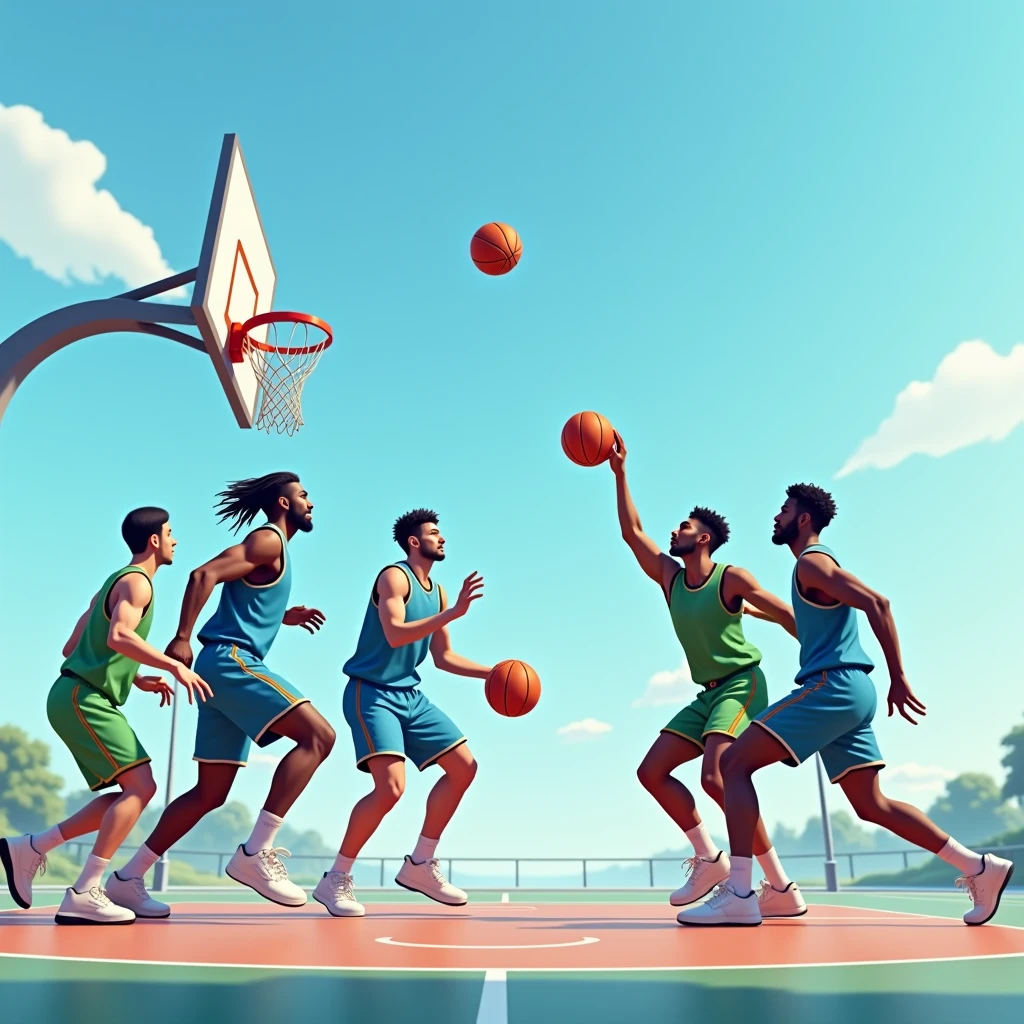 six people playing basketball, three with blue shirts and three with green shirts, playing with just a basketball on a court, blue sky with few clouds