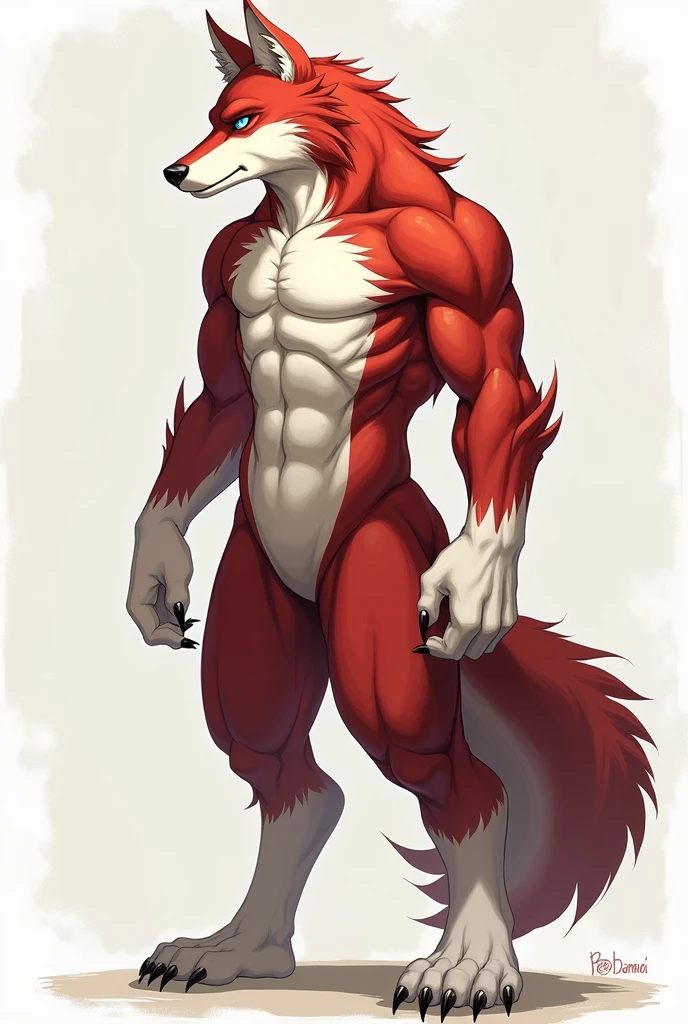 ((solo, full body perspective, side perspective)), male, anthro, ((wolf-face, digitigrade, four toes, muscled body, two-tone fur, red and white furred body, arms at side, white claws)), calm expression, blue eyes, dragon eyes, slim body,