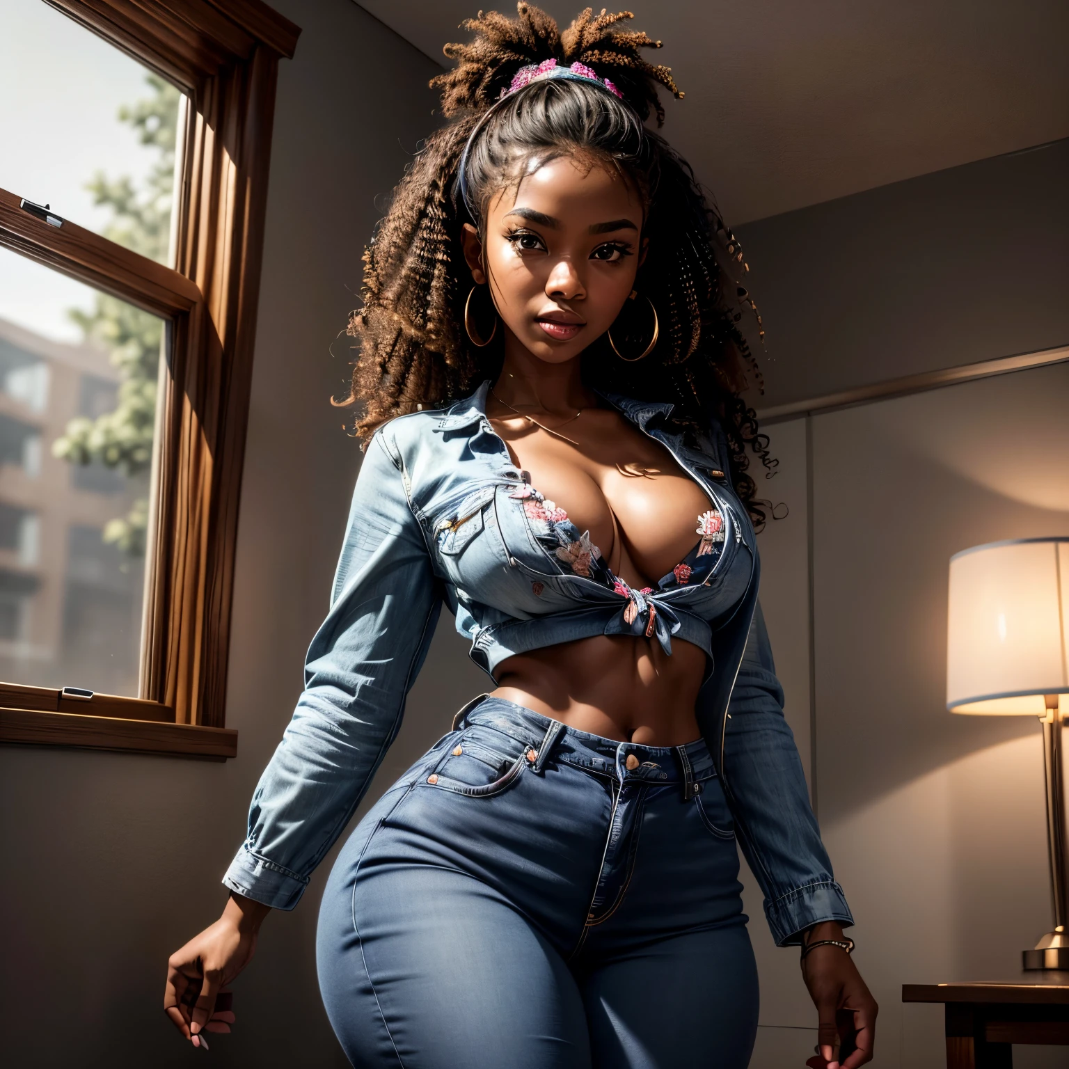in bathroom, taking selfie, Masterpiece, high quality, 1, high resolution, volumetric lighting, subsurface scattering, 8k, Beautiful woman, (dark skin), phillipino, college student, uniform, (floral top, jeans), cleavage, wavy hair, headband, hoope earings, classroom, sexy pose, seductive pose, ((slim thick body:1.2)), thick thighs, round-butt, open mouth, big lips, Masterpiece, Professional lighting, 16k, 8k wallpaper, raw photo, photorealistic:1.8, ultra detailed, natural lighting