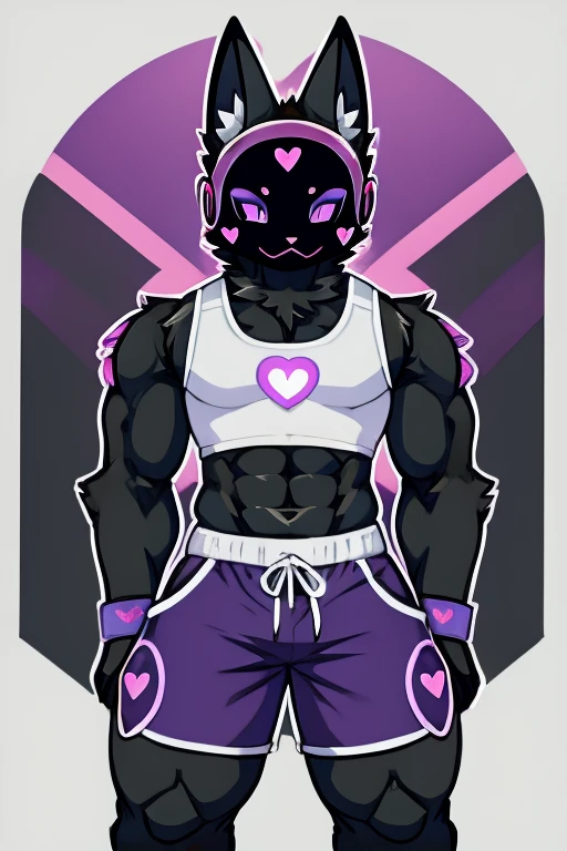 Big black cat , black robot helmet with a purple kawaii cat face, muscular, furry, black sleeveless shirt, Morados shorts, with heart stickers on the body 