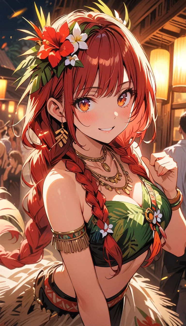 1girl, very delicate and beautiful, (((red hair))), (brown eyes,, Shining eyes、detailed美しい顔) (highest quality, ,highquality illustration, 8K, 4K, HDR, High resolution, masterpiece:1.2), Super detailed, anime style:0.9, photorealistic, Bright colors, Depth of the bounds written, blurred background, highres, extremely detailed CG unity 8k wallpaper, perfect lighting, Colourful, ultra-high res, ultra-detailed, photography, s, cowboy shot , alone, beautiful face details, beautiful eyes, long eyelashes, soft lips, (small face), (smile:1.3), Rear view, Pose with movement, slim body
BREAK
//Fashions
Polynesian Hula Costume,
Transport yourself to the islands of Polynesia with a traditional hula costume, perfect for festive tribal celebrations, Start with a grass skirt or pareo in natural or vibrant hues, adorned with floral or tribal prints, Pair it with a fitted crop top or bikini top featuring similar motifs for a cohesive look,
BREAK
Accessorize with flower leis worn around your neck and wrists, along with a floral crown or headband, Add shell or bead jewelry, such as necklaces, bracelets, and anklets, to enhance the tropical vibe, Style your hair in loose waves or braids adorned with flowers or tropical foliage, Finish the look with barefoot sandals or flat sandals adorned with flower embellishments, This costume captures the essence of Polynesian culture and the joyous spirit of tribal celebrations like luaus and hula festivals,
BREAK