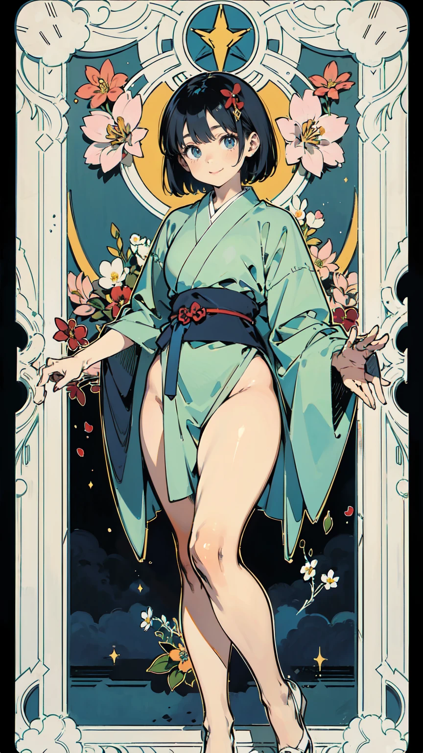 Tarot Cards、Masterpiece、Highest quality、Amazing details、Detailed Background、Line art、Written boundary depth、Flat Shading、Mucha style、Art Nouveau、Botanical Art、Flower Art、Surrounded by lots of flowers、Japanese summer fashion in the 1990s、Vintage Color、colorful、Anatomically correct、Slim figure、Thick thighs、Expressive eyes、smilingly、Perfect Face、Black Hair、Short Hair、Embarrassing、She is blushing