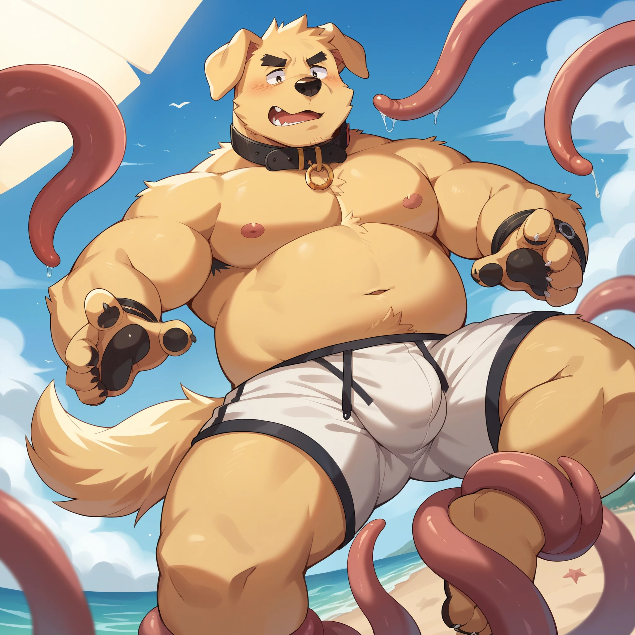 Scribble Golden Retriever face,Humanity(Golden Retriever),(Topless:1.3),Chubby,(Black eyebrows:1.1),(Perfect eyes),Golden fur,(artist:Takemoto Arashi),beach,(Tattered white underwear:1.3),paw,(black beard:1.3),(Collar:1.3),(Hip bulge:1.3),(Swimming ring:1.3),Tentacles。