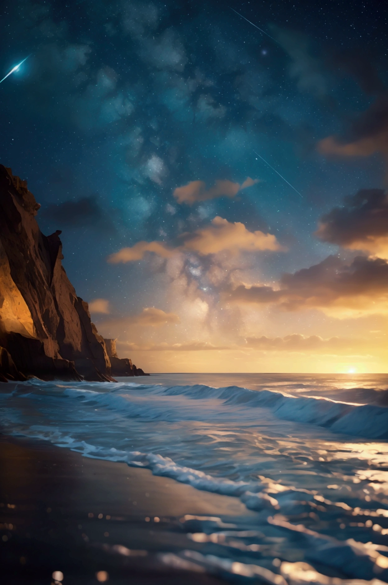 Late Night、Starry sky and seascape、There are many stars that are bigger than reality、photograph、It is expressed in detail、