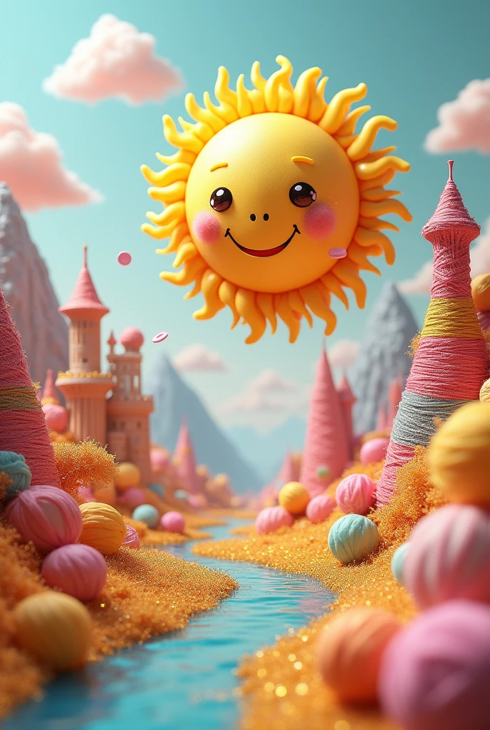All the materials blend seamlessly together, creating a fairy tale story style, a river made of gold, silver and rainbow thread, a tower made of copper plated coils, hills and mountains made of yarn balls, a castle made of pastel colored sweets, cotton candy clouds, a smiling glossy sun made of candy, shading effects, gradation magic effects, foggy filter effects, glitter effects, (ultra detailed, absolutely resolution, best quality:1.3), 2.5D, delicate and dynamic, graphic CG digital fantasy art