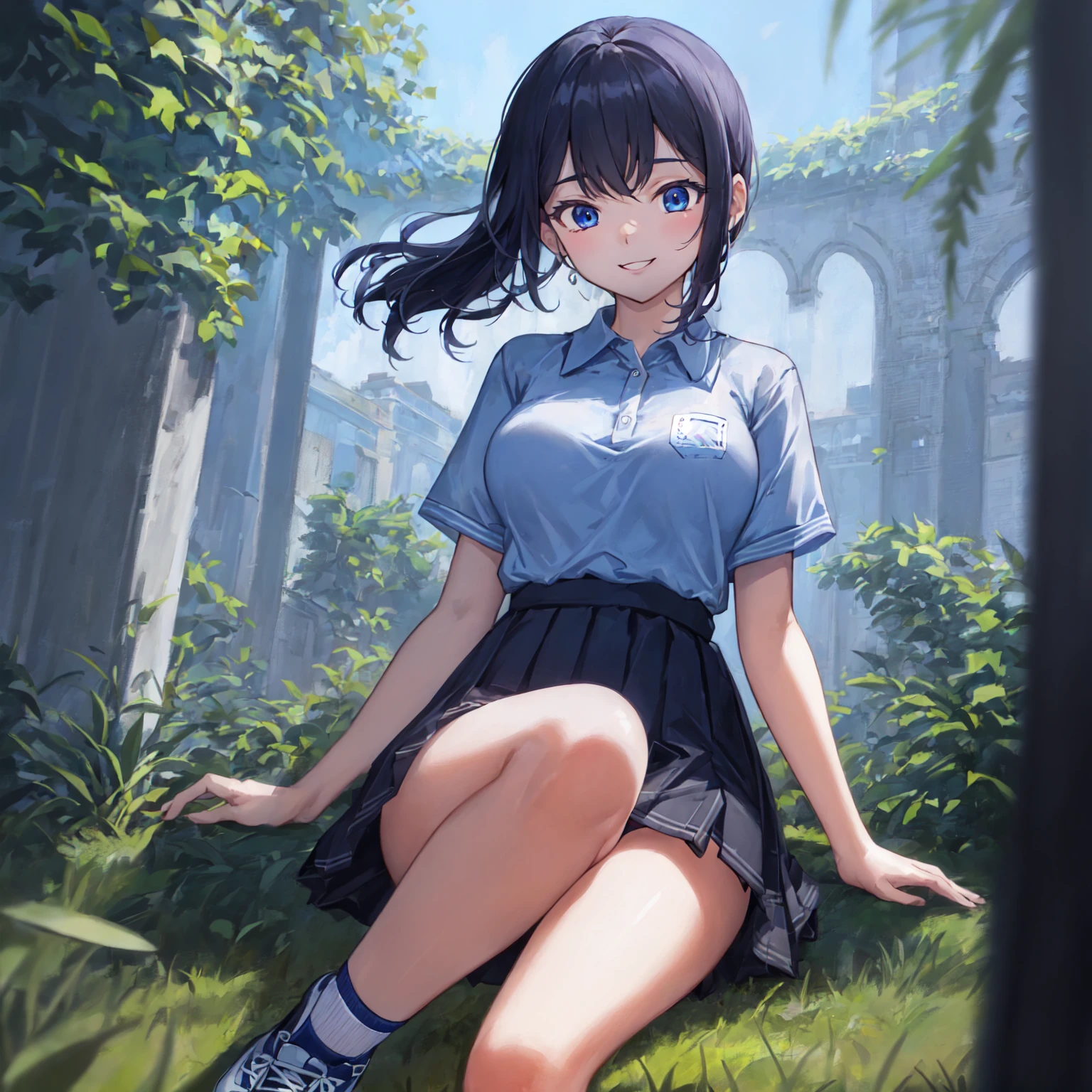 (pencil art:1.3),masterpiece, Highest quality,pastel color,courtyard, look away,sneakers,smile,polo shirt,(Masterpiece:1.5, Best Quality),blue polo shirt,light grey pleated skirt,Lower ponytail,Dutch Angle, {{black hair}} , (Depth of Field), Dynamic Posture,{{beautiful medium size breasts1:4}},{{beautiful blue eye1:4}},photorealistic 1;4, high quality panties, top quality, {{beautiful butt}}, cute girl, high quality background,  BREAK, 5 fingers