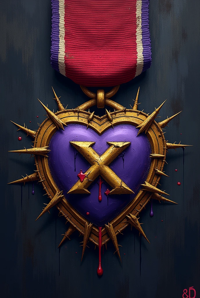 Purple heart crossed out with a black X and spilling red blood