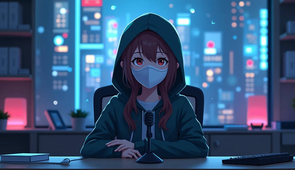 front facing anime female avatar wearing a face mask and hoodie staring at the screen, sitting straight on a chair and desk infront with a digital futuristic studio background and microphone infront. wide angle. the character should face the camera. so we should see the face directly