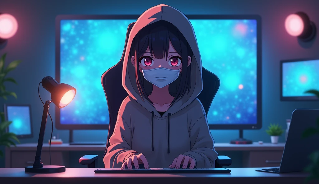 front facing anime female avatar wearing a face mask and hoodie staring at the screen, sitting straight on a chair and desk infront with a digital futuristic studio background and microphone infront. wide angle. the character should face the camera. so we should see the face directly