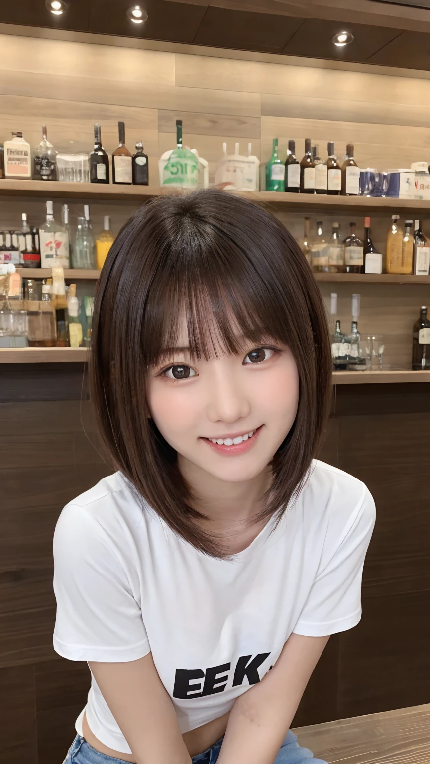 One beautiful girl, (Japanese beautiful girl, Delicate:1.3), (18-year-old:1.3),
break, (bar　background:1.2),
break, Shy laugh, Very beautiful eyes, (Symmetrical eyes:1.3),
break, (E cup breasts:1.3), Cropped Logo T-shirt:1.3, Micro Mini Hot Pants:1.3, Beautiful legs, Thighs, Brown eyes, Parted bangs, Brown bob cut hair, Round face, cute,
break, (Eye and facial details:1.0),
break, (masterpiece, Highest quality, Very detailed, Detailed face, 8k)