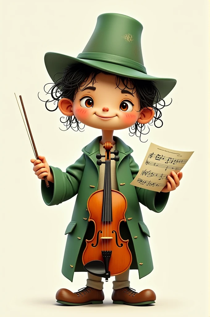 
Tonico is a little maestro, metade humano, half instrument. Its lower part is a violin body, but with arms and legs, while the upper part has a friendly and expressive face, with hair that resembles guitar or piano strings. He holds a baton in one hand and a sheet of music in the other., always ready to teach or play a new melody. His outfit is a mix of colors that refer to IFRN (green and white) and wears a stylized hat, like those of orchestra musicians.

