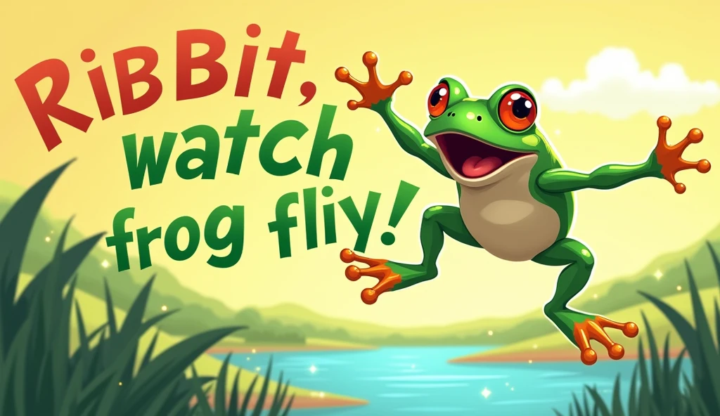 Create a fun and lively image of a cheerful frog mid-leap, soaring through the air with its legs fully extended and a big, excited expression on its face. The frog should be flying over a pond or meadow, with a few water droplets trailing behind to emphasize the motion. Include bright, playful colors and a sunny background to give the scene a vibrant, energetic feel. The words 'Ribbit, watch frog fly!' should be written in a bold, whimsical font above or beside the frog, adding to the sense of excitement and adventure.