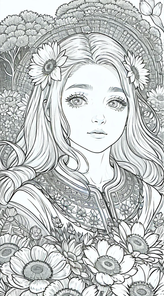 Woman looking at camera, (Campo de flores), ((Closeup)), retrato, nuvem, arte de linha